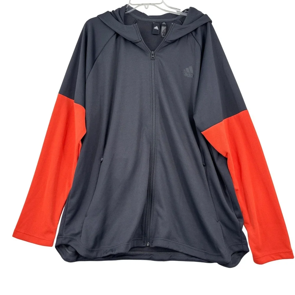 Adidas Hoodie Jacket Mens 2XL Grey Orange Colorblock Full Zip Raglan Pockets
